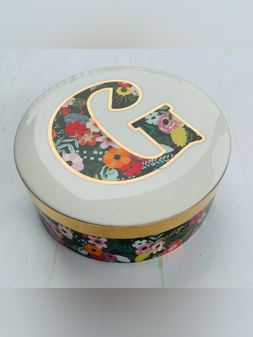 Floral Monogram 'G' Decorative Round Trinket Box - White and Multicolor